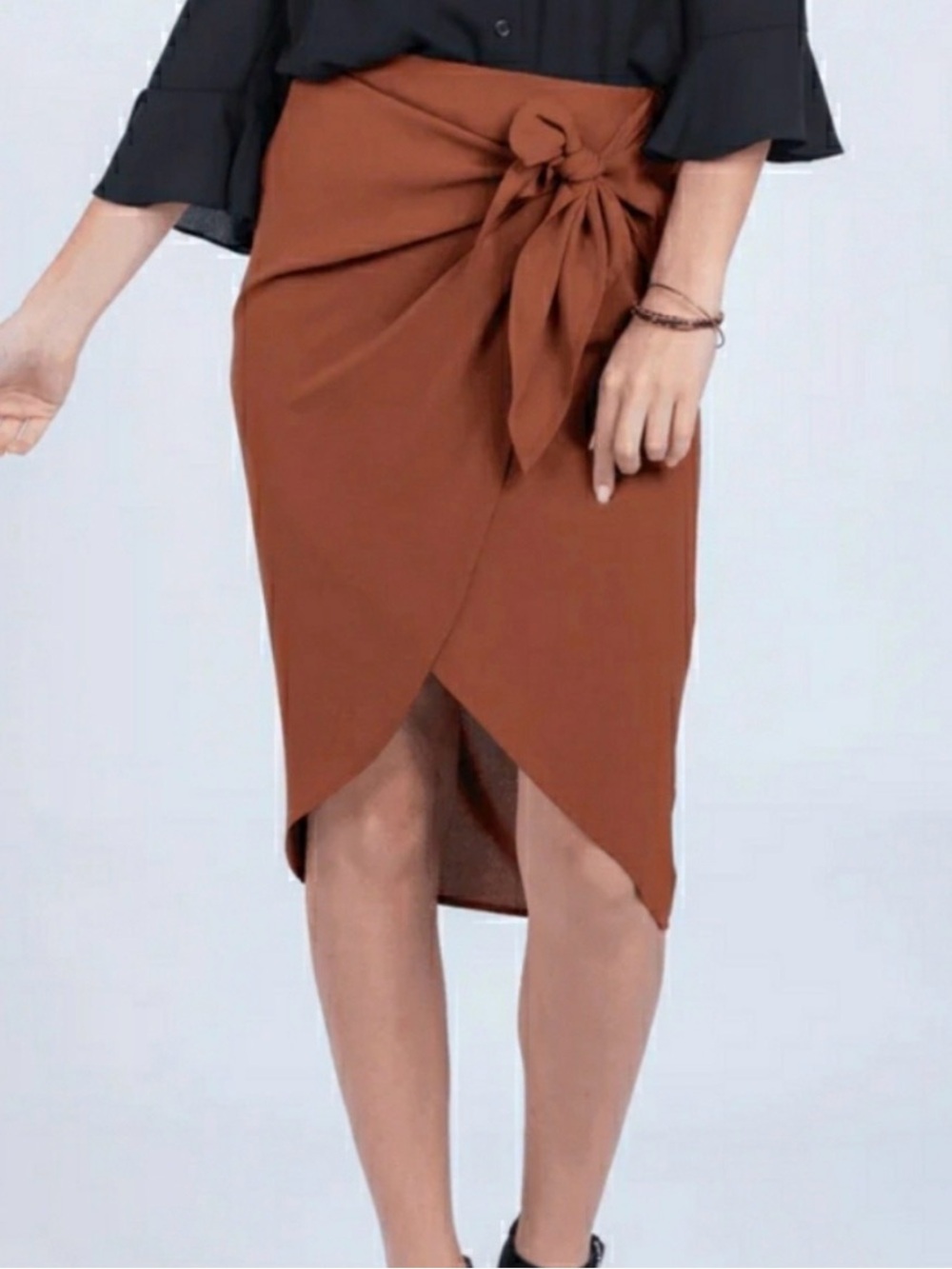 Everly Rust Tie-Waist Wrap Pencil Skirt